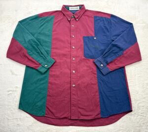 Bugle Boy Company Mens Vintage Red & Navy Colorblock Button Down Shirt Size XL